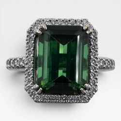 Platinum Ring with 4.38Ct. Green Tourmaline and Diamonds 0.95 Ct. (Size 8.50)