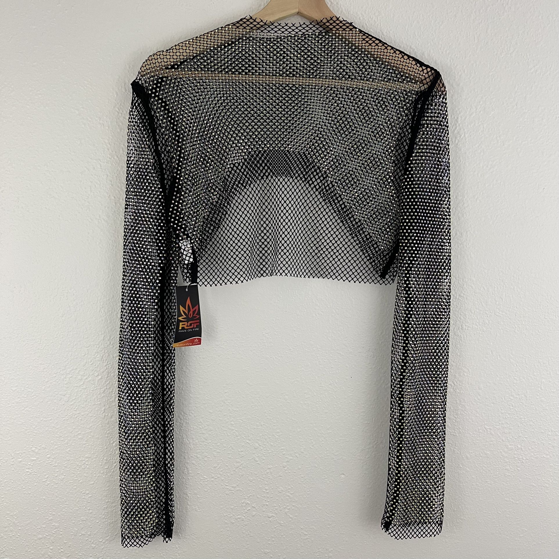 RAVE ON FIRE Womens Black Fishnet Mesh Rhinestone Long Sleeve Crop Top NEW