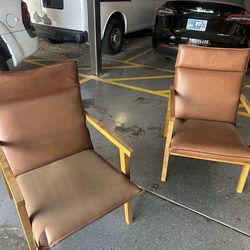 3 chairs brown leather and wood