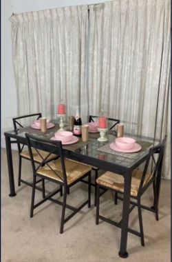 Glass & Iron Dining Table with 4 Seagrass Chairs