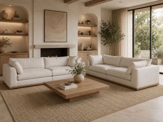 Set of 2 - 102" Beige Linen Minimalist Sofa w/ Bottom Wood Trim [Retails for $4700]