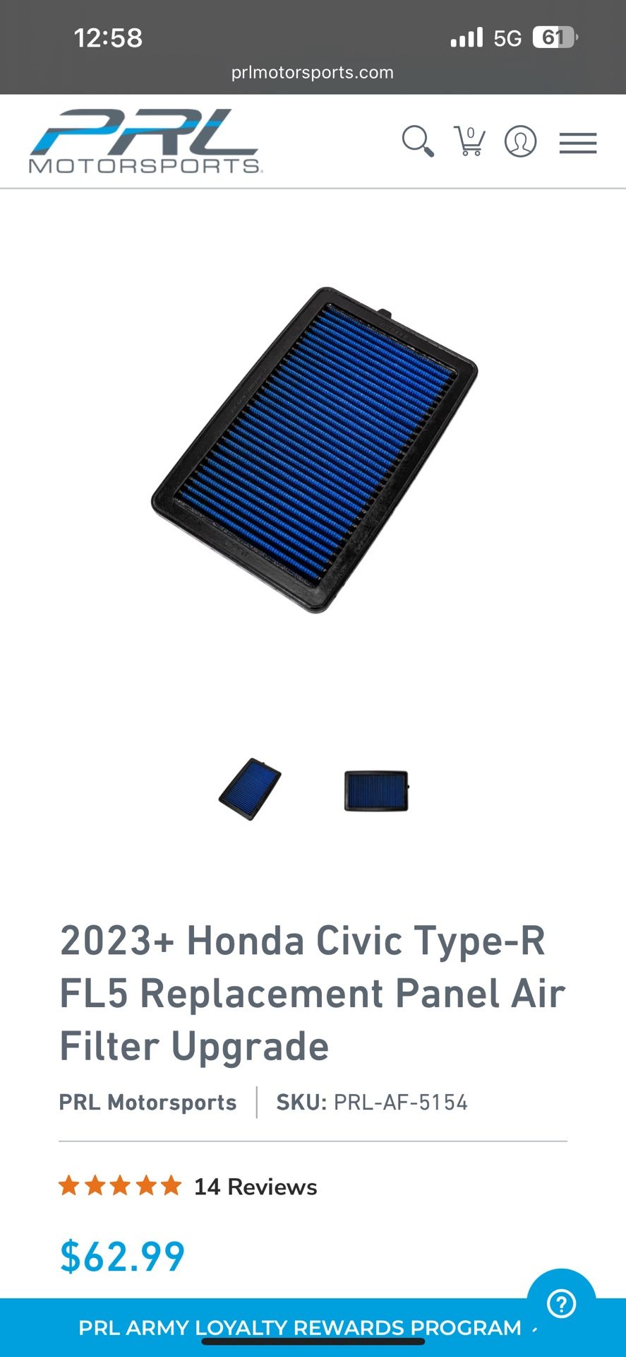 PRL Drop In Air Filter For Civic Type R