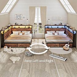 Corner Queen Size Bed Frame with Headboard and Storage Bookcase Large Capacity Farmhouse Bed Frame w