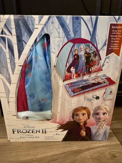 Exxel Outdoors Disney Frozen 2 Kids 4-Piece Camping Set, featuring a dome tent, sleeping bag, LED flashlight, and sling backpack