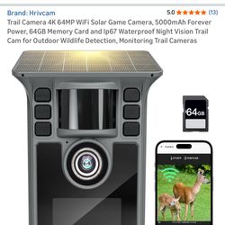 Trail Camera 4K 64MP WiFi Solar Game Camera, 5000mAh Forever Power, 64GB Memory Card and Ip67 Waterproof Night Vision Trail Cam for Outdoor Wildlife D