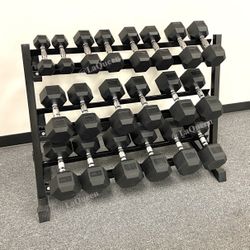 New Rubber Barbell Coated Hex Dumbbells 5LB - 50LB Weight Home RACK is INCLUDED