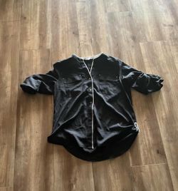 Black Satin Button-Down Shirt with White Trim