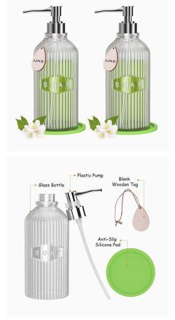 Dish Soap Dispenser for Kitchen, 17 Oz Clear Glass 2 Pack Bathroom Hand Dispenser Refillable Vertical Stripe Bottle with Rustproof Pump Green Silicon