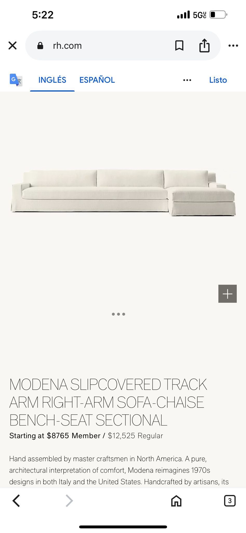 FREE DELIVERY MODENA SLIPCOVERED SLOPE ARM RIGHT-ARM SOFA-CHAISE BENCH-SEAT SECTIONAL RESTORATION HARDWARE RH