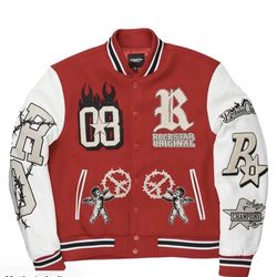 Rockstar Original Red White Varsity Jacket Skull Graphic Embroidered Accents Men
