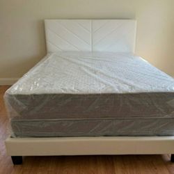 Queen Size Bed Frame White With MATTRESS And Box Spring Set New Bed Set 3pcs // CAMA Queen Size Nueva 