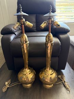 Pair of Brass Table Lamps with Embossed Motifs- Tested works good
