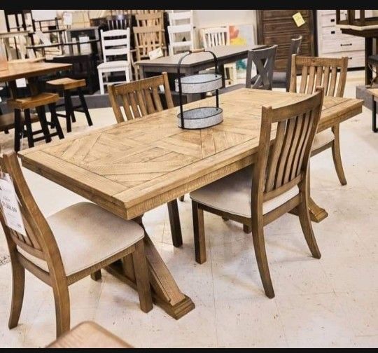 Moriville 7 Piece Natural Color Extension Rectangular Dining Table And Chairs🤩 Set Of 7✅ On Display🏠Dining Room/Kitchen💥