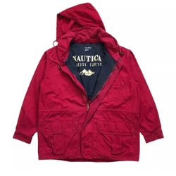 VINTAGE NAUTICA CANVAS JACKET HOODIE LARGE L MENS RED CHORE BARN PARKA FULL ZIP