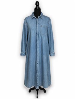 Womens Denim Shirt Dress Large Button Front Long Sleeve Knee Length Chambray