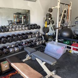 Full Commercial  Olympic  Barbell & Dumbbell Rack With 2 Flat Benches And One Incline  