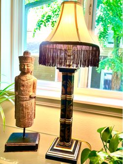 Vintage Tall black and gold bamboo chinoiserie buffet table lamp