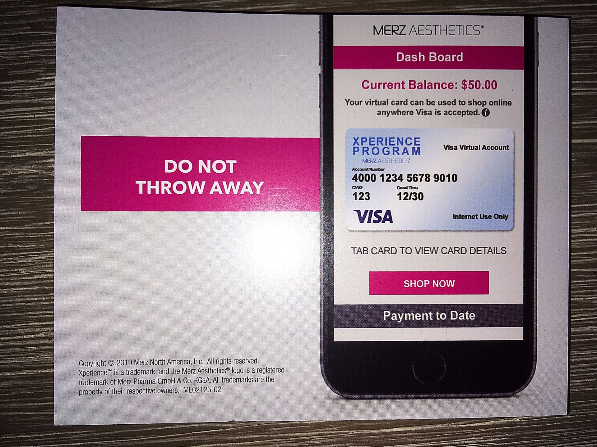 $50 Reward Pin Card - Merz Aesthetics Virtual Xperience Program