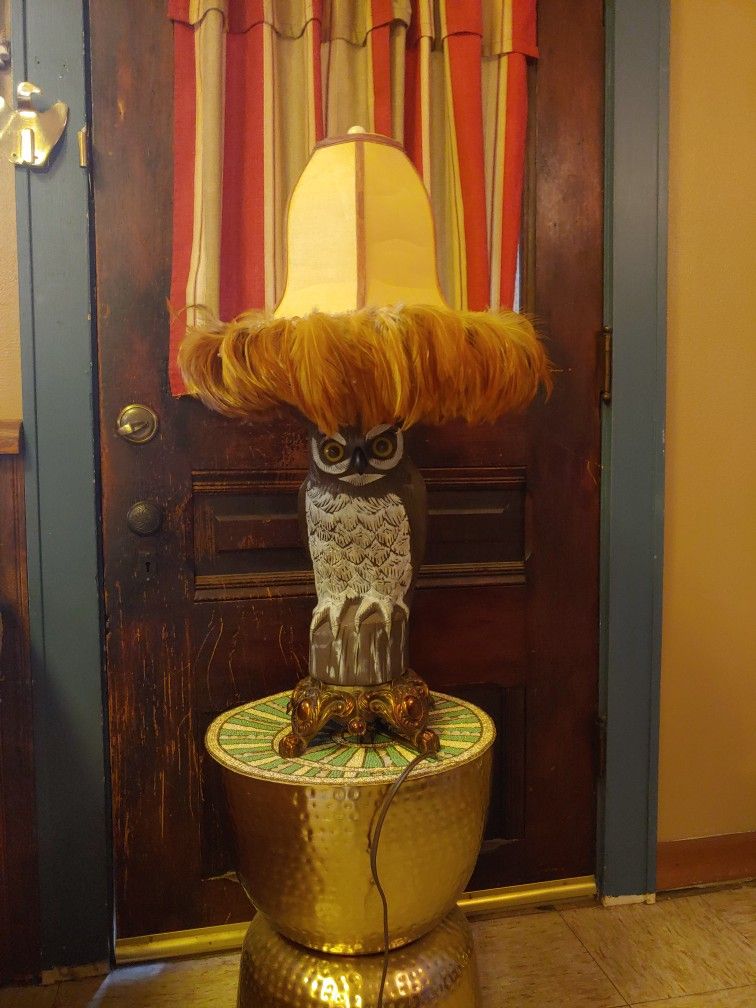 Owl Lamp With Vintage Feather Lampshade