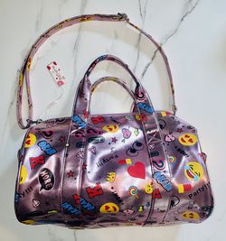 NEW Duffle Bag Girls Pink Metallic Luggage Sleepover Bag EMOJI