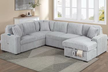 Light grey convertible sofa with storage USB port fur like jumbo corduroy Brand New In Box Firm Price $769