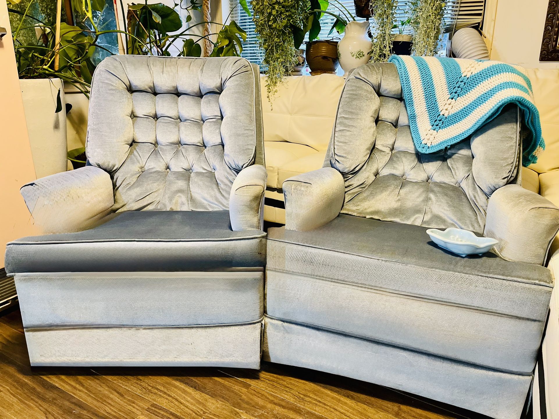 VTG Blue Velvet Rocker Swivels W/Free Afghan & Ashtray With Purchase & Free Local Delivery! 