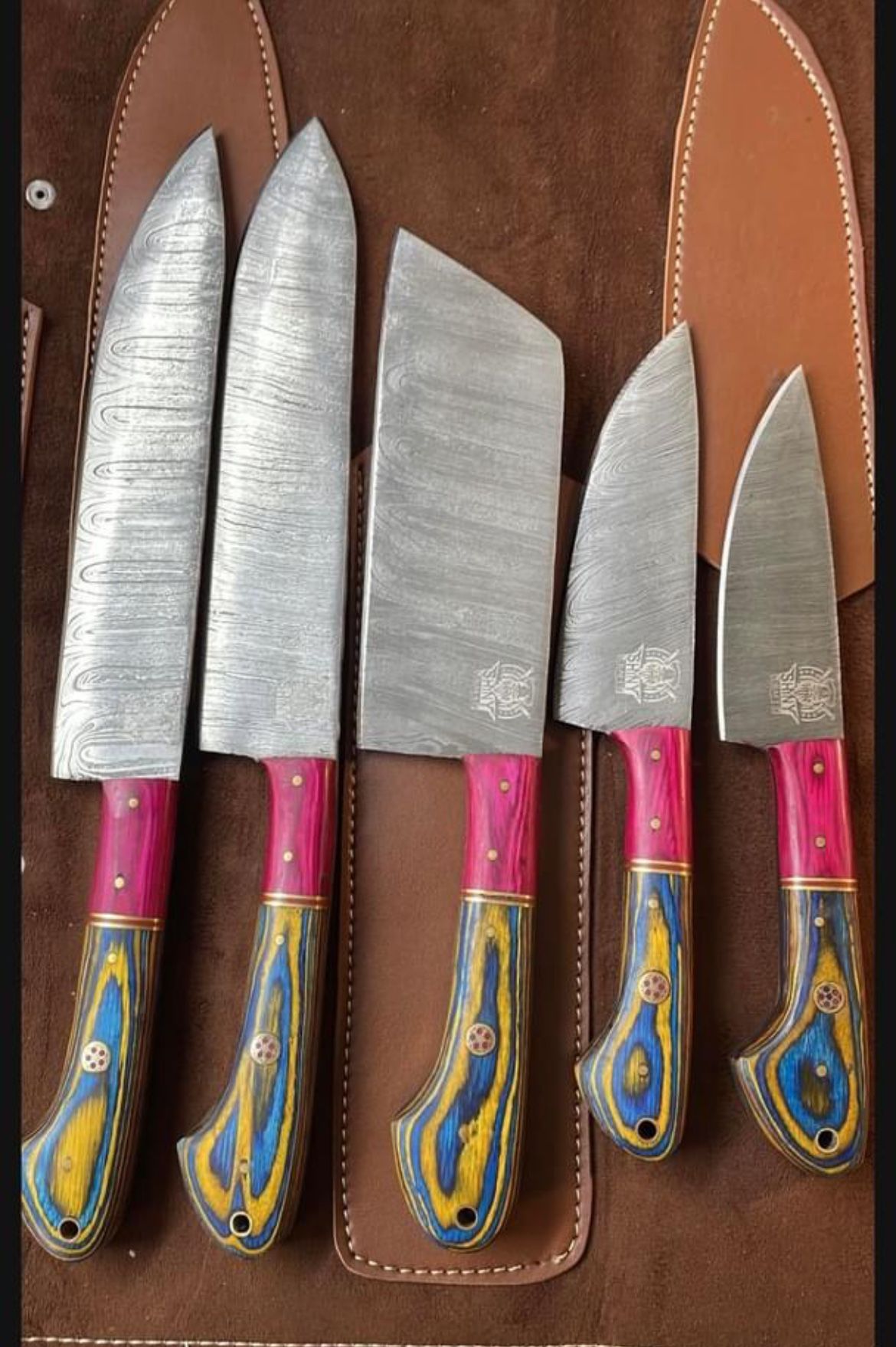 SHINY CRAFTS Handmade Damascus Kitchen Knife Set with wood handle and