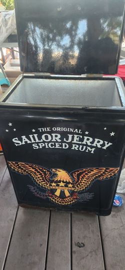 Beer Cooler Ice Chest Rolling Bar  Or Man Cave Patio Cooler  Ice Cold Drinks  Sailor Jerry Rum Brand 
