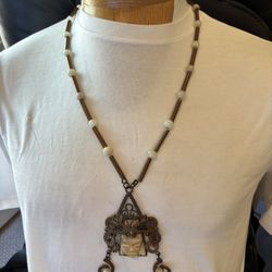 VINTAGE MEXICAN COPPER CARVED STONE MAYAN AZTEC HEAD PENDANT NECKLACE 