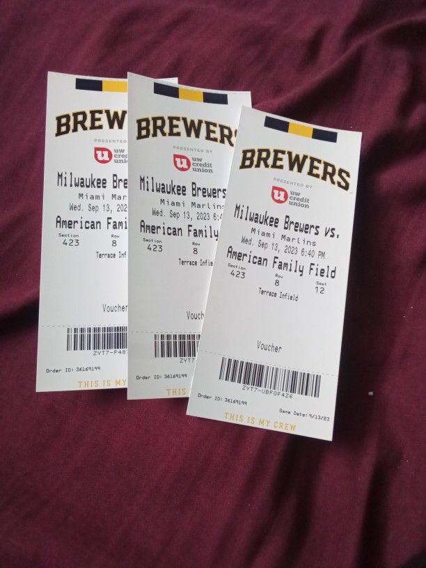 I Have 3 Milwaukee Brewers Tickets For Sale On Wednesday September 13 For The Miami Marlins 