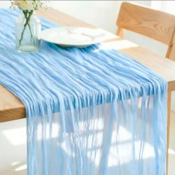 Light Blue Cheesecloth Table Runner 120 Inches 10Ft Gauze Summer Boho Table Runner for Wedding Tea Party Baby Shower Bridal Birthday Home Decoration