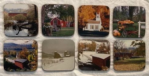 Vermont drink coasters cork backed set of 8 covered bridges barn church snow