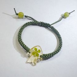 Handmade REAL Four Leaf Clover Hand-Knitted Knots Rope Bracelet Luck Adjustable Friendship Green Fish Resin