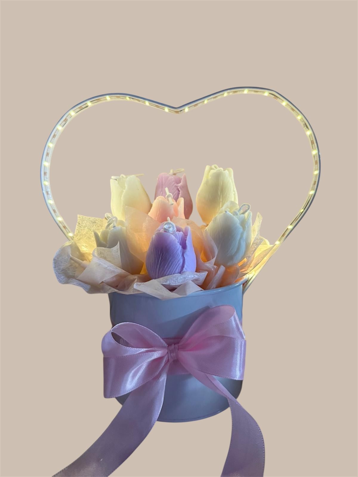 Rose Candle Arrangment With Led Heart Bucket