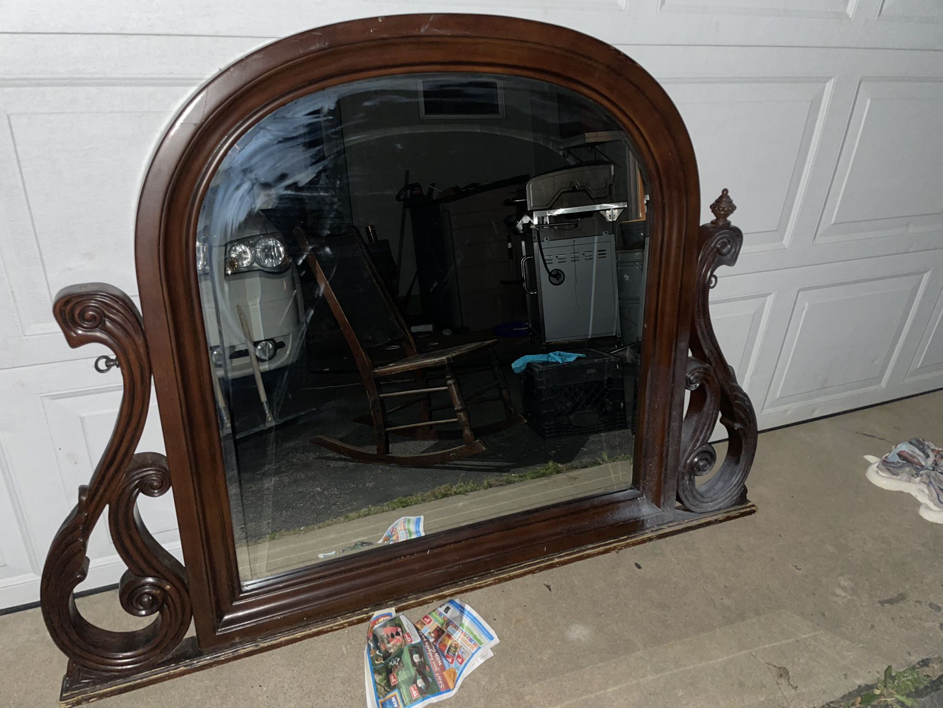 Huge heavy Old Wood Arched Mirror