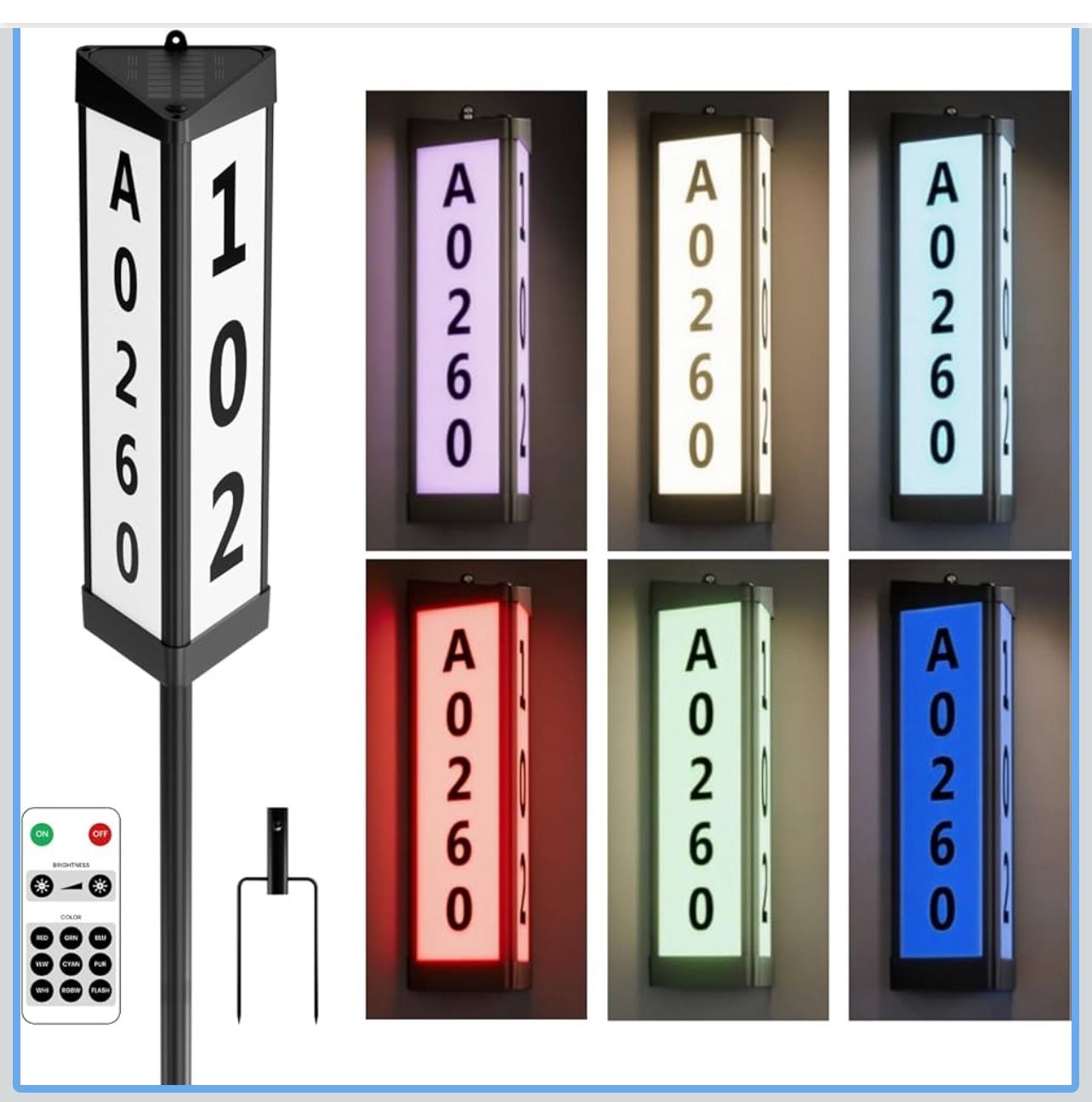 New-Solar Address Sign, 3-Sided Glow Address Plaque with Auto On/Off, 8-12H Lighting, 7 Colors & 3 Remote Modes, IP65 Waterproof, Dual Stakes, 2000mAh