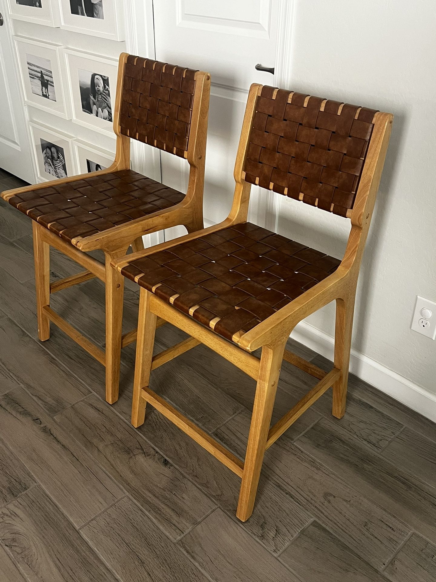 Two Wood and Woven Leather Barstools