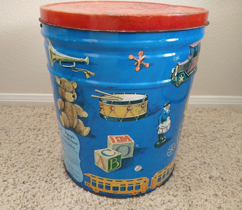 Vintage 1983 Topsy's Popcorn Tin "Antique Toys"