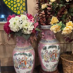Pair of Large Chinese Oriental Floor Vases – 40” Tall Twin Set