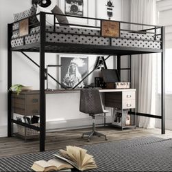 Twin Size Metal Loft Bed with Removable Ladder & Full-Length Guardrail, Black
