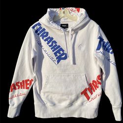 Authentic Thrasher Magazine x HUF Hoodie All Over Print Pullover WHITE Mens Small