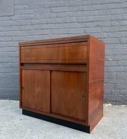 Vintage Mid Century Modern Walnut & Black Record Stand Media Console