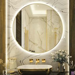 24" Round LED Bathroom Mirror, Shiny Gold