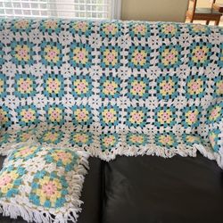 Vintage Handmade Baby Crocheted Afghan With Matching Pillow