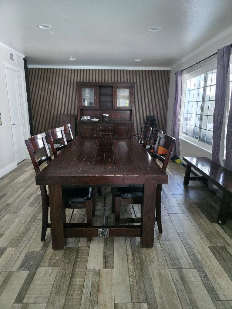 122 Inch Extendable Cherry Wood Table, Bench Chairs And Matching China Cabinet And Hutch