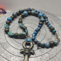 VTG Egyptian Ankh Scarab Cross Blue Magnesite Beaded Necklace