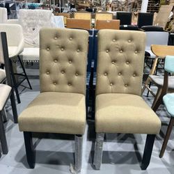 M-New Dining Chairs Set of 2 Upholstered Dining Room Chairs Fabric Tufted Kitchen Chairs with Wood Legs High Back Dining Chair Mid Century Modern Chai