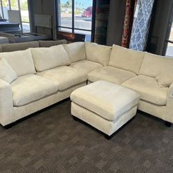 Cream L Shaped Corduroy Sectional W Ottoman  
