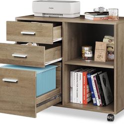 3-Drawer Wood File Cabinet Mobile Lateral Filing Cabinet Printer Stand Open Storage Shelves