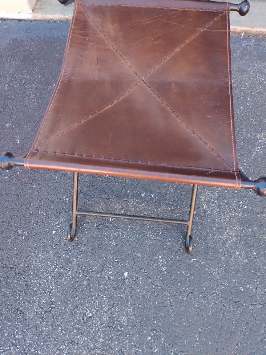 Vintage Leather / Wrought Iron Folding Stool